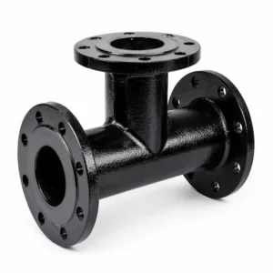 Tee bridada de hierro dúctil con bridas ANSI para sistemas de tuberías, diseñada para realizar derivaciones en redes de agua potable, alcantarillado, riego, minería e instalaciones industriales, ofreciendo alta resistencia mecánica, excelente sellado y larga vida útil.