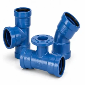 Tee y codo Push-On de hierro dúctil con unión elástica, diseñados para sistemas de agua potable, alcantarillado y redes de distribución, ofreciendo conexiones seguras, instalación rápida, excelente hermeticidad y alta resistencia a la presión, corrosión e impactos en aplicaciones industriales y municipales.