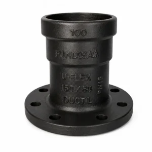 Transición Luflex para tuberías de hierro dúctil y PVC, diseñada para conectar sistemas de diferentes materiales de forma segura y hermética en redes de agua potable, saneamiento, riego e instalaciones industriales, ofreciendo alta resistencia mecánica, durabilidad y excelente desempeño hidráulico.