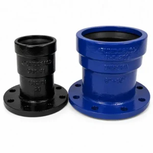 Transición Luflex y Push-On de hierro dúctil para conexión de tuberías en redes de agua potable y saneamiento, diseñada para unir sistemas con campana elástica y brida, ofreciendo instalación segura, excelente hermeticidad, alta resistencia a la presión, corrosión y larga vida útil en aplicaciones industriales y municipales.