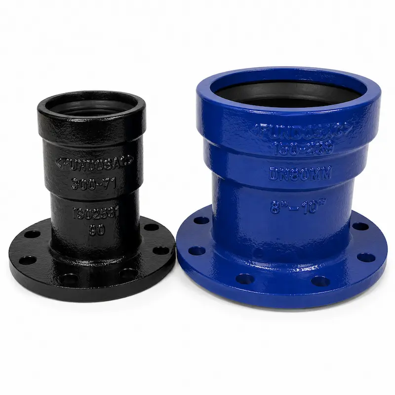 Transición Luflex y Push-On de hierro dúctil para conexión de tuberías en redes de agua potable y saneamiento, diseñada para unir sistemas con campana elástica y brida, ofreciendo instalación segura, excelente hermeticidad, alta resistencia a la presión, corrosión y larga vida útil en aplicaciones industriales y municipales.