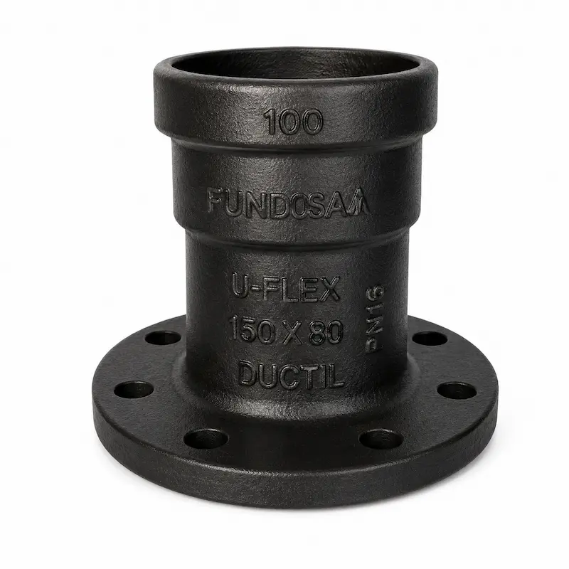 Transición Luflex para tuberías de hierro dúctil y PVC, diseñada para conectar sistemas de diferentes materiales de forma segura y hermética en redes de agua potable, saneamiento, riego e instalaciones industriales, ofreciendo alta resistencia mecánica, durabilidad y excelente desempeño hidráulico.
