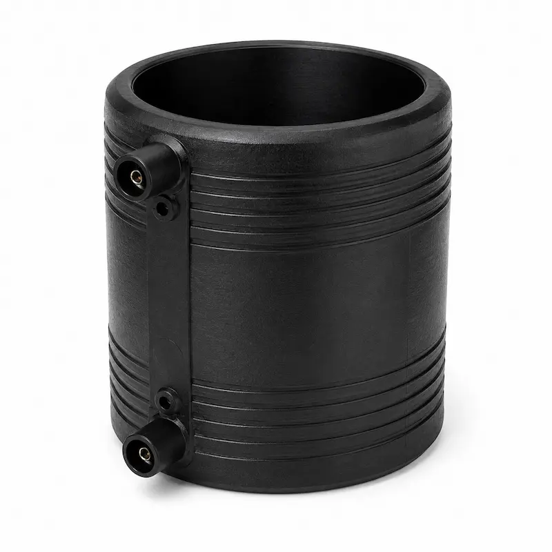 Unión Electro LESSO para tuberías HDPE PE100, diseñada para uniones permanentes mediante electrofusión en redes de agua potable, gas, minería y sistemas industriales.