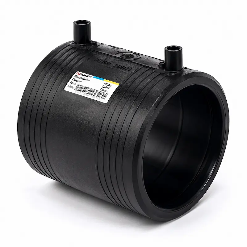 Unión electrofusión HDPE PE100 para conexión permanente de tuberías de polietileno, diseñada para redes de agua potable, gas, minería, riego e instalaciones industriales.
