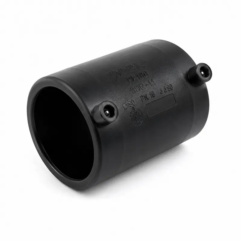 Unión electrofusión Plasson para tubería HDPE PE100, diseñada para conexiones seguras y herméticas en sistemas de agua potable, gas, minería, riego e infraestructura hidráulica.