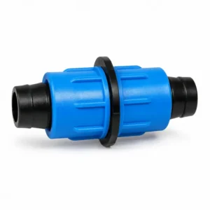 Unión cinta para manguera de 16 mm, diseñada para conectar líneas de riego por goteo de forma segura, hermética y resistente.