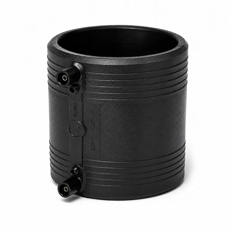 Unión HDPE de electrofusión para conexión permanente de tuberías de polietileno, diseñada para garantizar máxima hermeticidad y resistencia en redes hidráulicas.