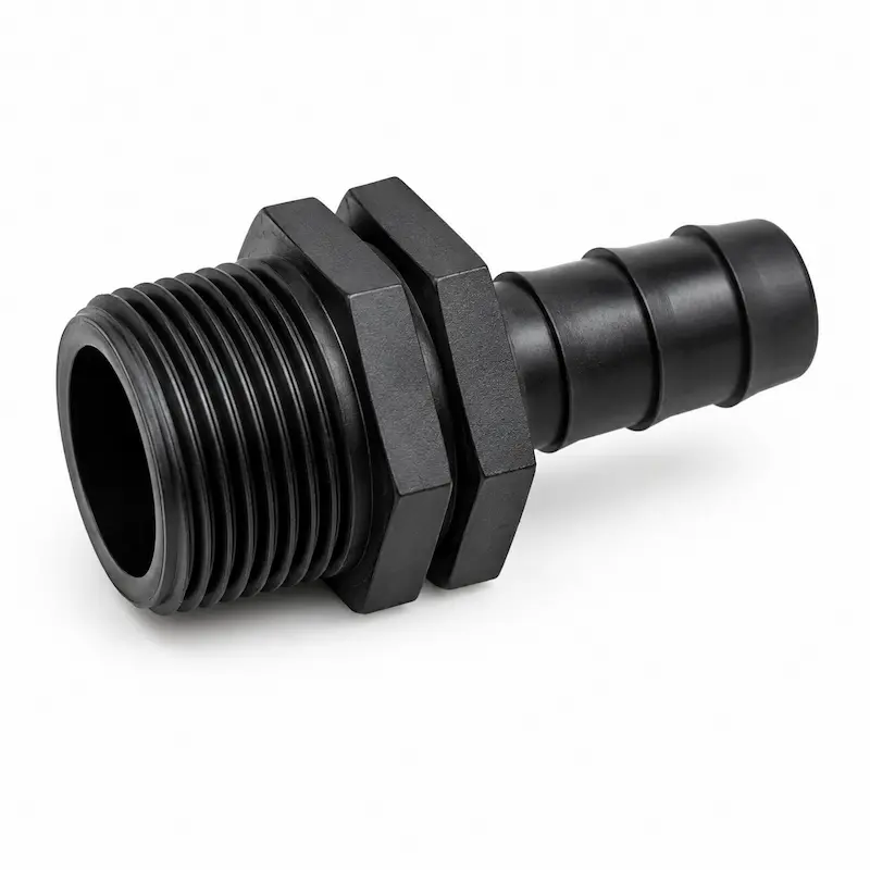 Unión R macho dentado para conexión de mangueras y tuberías, diseñada para garantizar una unión segura, hermética y resistente en sistemas hidráulicos y de riego.