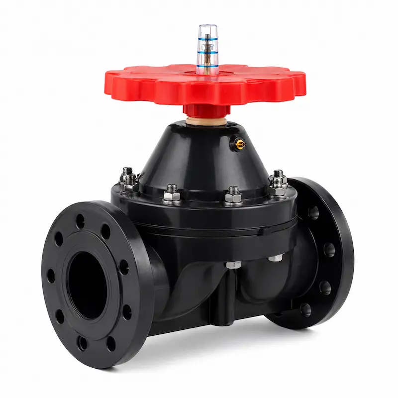 Válvula diafragma PVC bridada CL150 para control y regulación de flujo de agua, químicos y fluidos corrosivos en sistemas industriales.
