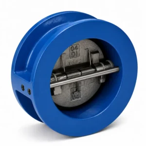 Válvula duo check tipo wafer con doble disco de cierre automático para evitar el flujo inverso en sistemas hidráulicos e industriales.