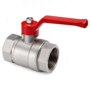 Válvula esférica CIM de latón niquelado con palanca roja para control de flujo en sistemas de agua, aire e instalaciones industriales.