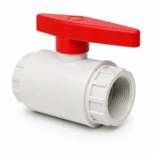 Válvula esférica PVC para control de flujo en sistemas de agua potable, riego, tratamiento de agua e instalaciones industriales.