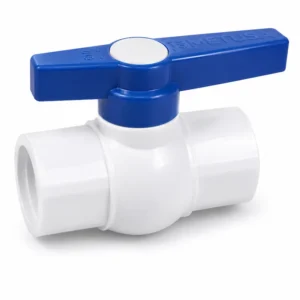 Válvula esférica PVC simple para control de flujo en sistemas de agua, riego, piscinas y aplicaciones industriales.