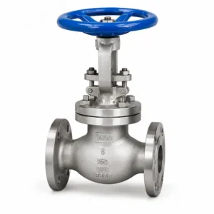 Válvula globo bridada de acero inoxidable para regulación y control preciso de flujo en sistemas industriales.