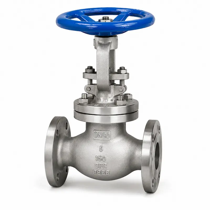 Válvula globo bridada de acero inoxidable para regulación y control preciso de flujo en sistemas industriales.