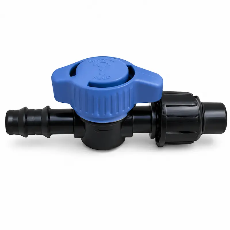 Válvula ramal cinta manguera diseñada para controlar y regular el flujo de agua en sistemas de riego por goteo y microirrigación agrícola.