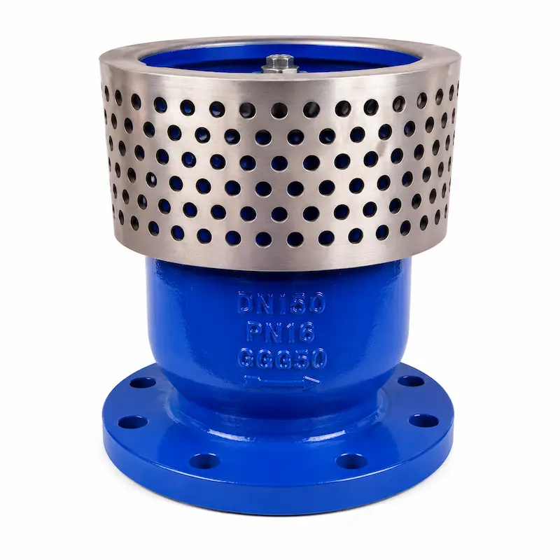 Válvula check canastilla bridada para sistemas de bombeo y succión de agua, diseñada para evitar el retorno de fluidos y retener partículas sólidas mediante filtro integrado.