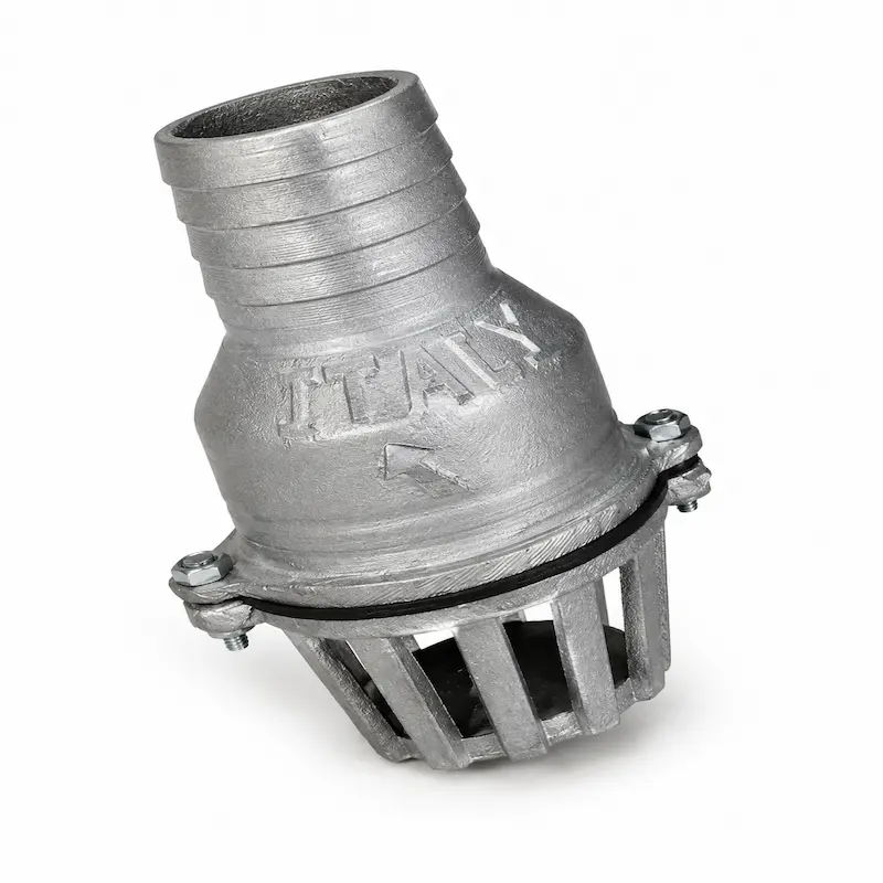 Válvula check de aluminio fundido para sistemas de bombeo y conducción de fluidos, diseñada para evitar el retorno de agua y proteger equipos hidráulicos.