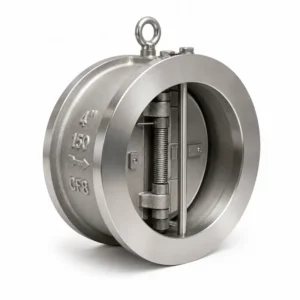 Válvula check disco duo check de acero inoxidable para evitar el retorno de fluidos en sistemas industriales, diseñada para aplicaciones de agua, gas, vapor y procesos de alta presión.