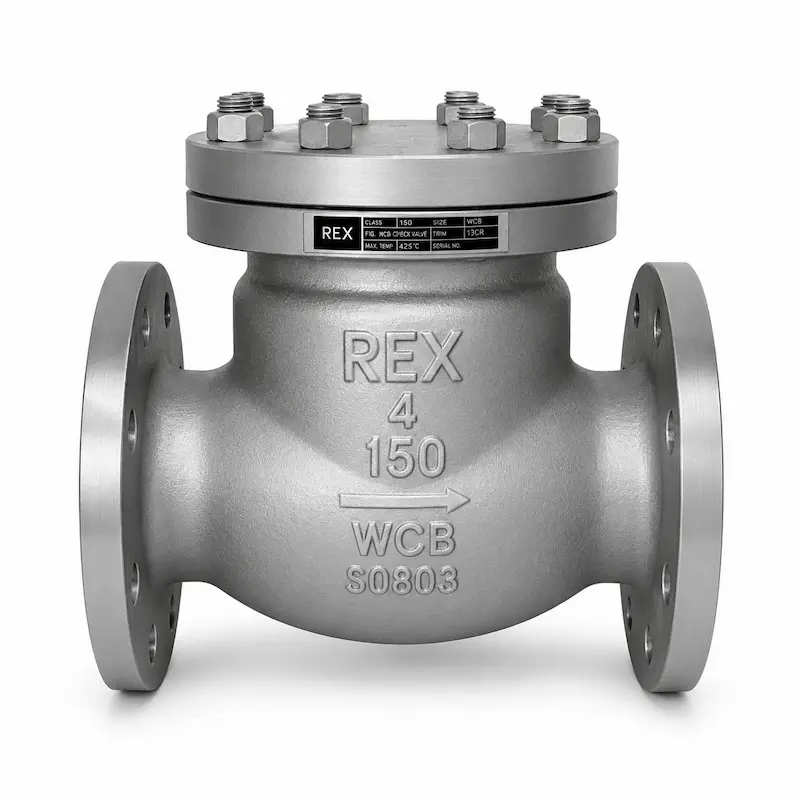 Válvula check swing bridada para evitar el retorno de fluidos en sistemas de tuberías, ideal para aplicaciones de agua, petróleo, gas, bombeo e instalaciones industriales.