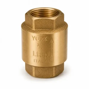 Válvula check vertical de bronce con rosca hembra, diseñada para evitar el retorno de fluidos en redes de agua, sistemas hidráulicos, bombas e instalaciones industriales.
