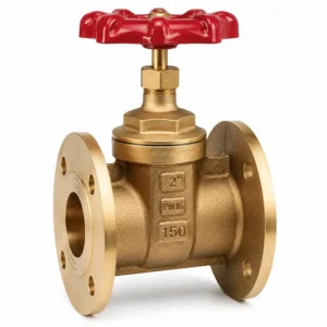 Válvula compuerta de bronce bridada para control y cierre de flujo en sistemas de agua, vapor y fluidos industriales, resistente a la corrosión y de larga vida útil.