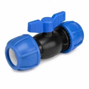 Válvula de bola HDPE para tuberías de polietileno, diseñada para control de flujo en redes de agua potable, riego e industria.