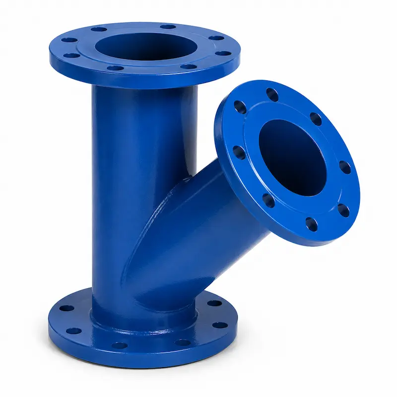 Yee bridada de hierro dúctil para derivación de flujo en sistemas de agua potable, redes hidráulicas, saneamiento e instalaciones industriales.