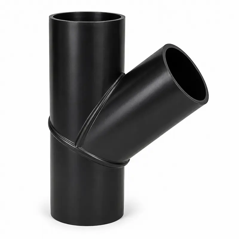 Yee HDPE para termofusión fabricada en polietileno de alta densidad, utilizada para derivación de flujo en redes de agua potable, gas e instalaciones industriales.