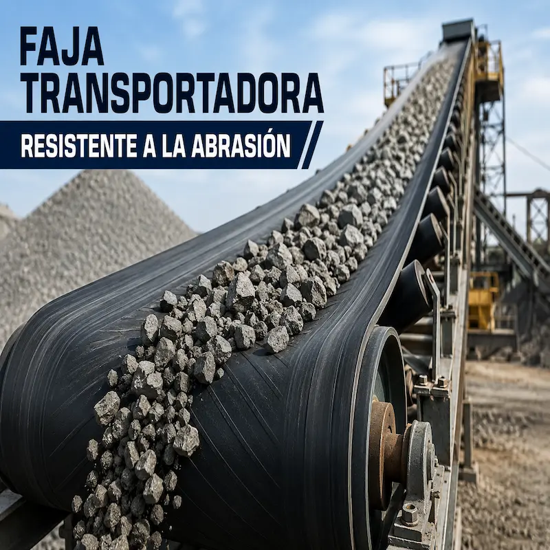 Faja transportadora resistente a la abrasión de caucho industrial para transporte de minerales, piedra, grava, agregados y materiales de alto desgaste en minería, canteras y plantas industriales.