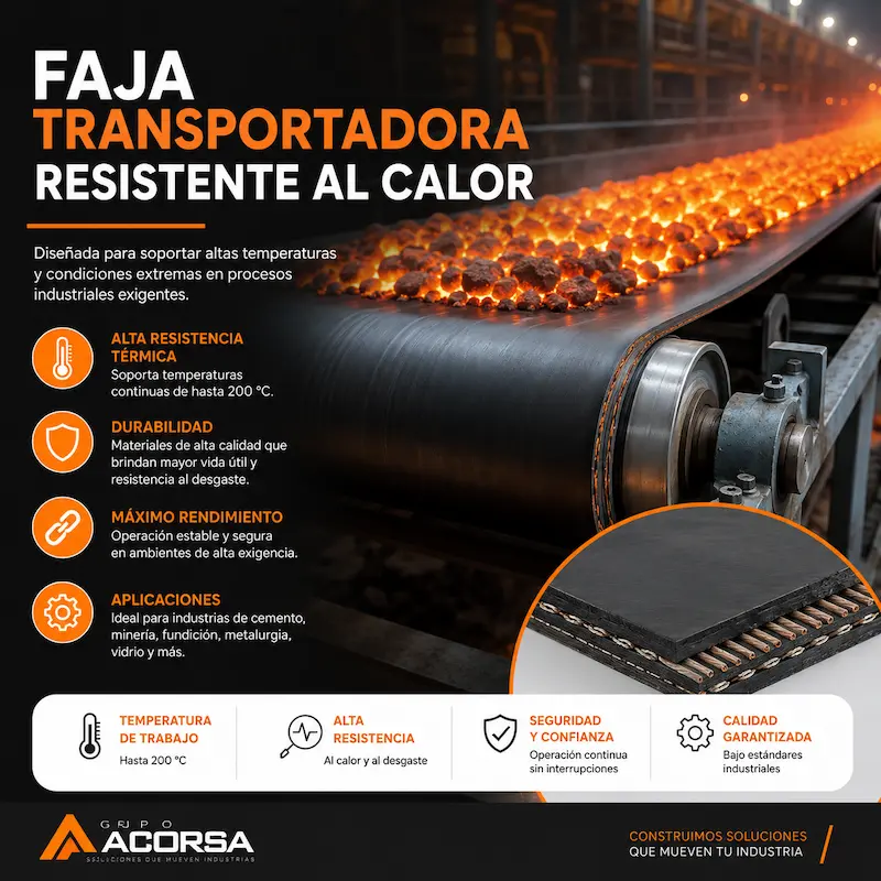 Faja transportadora resistente al calor de caucho industrial diseñada para transportar materiales a altas temperaturas en cementeras, fundiciones, acerías, hornos y procesos industriales exigentes.