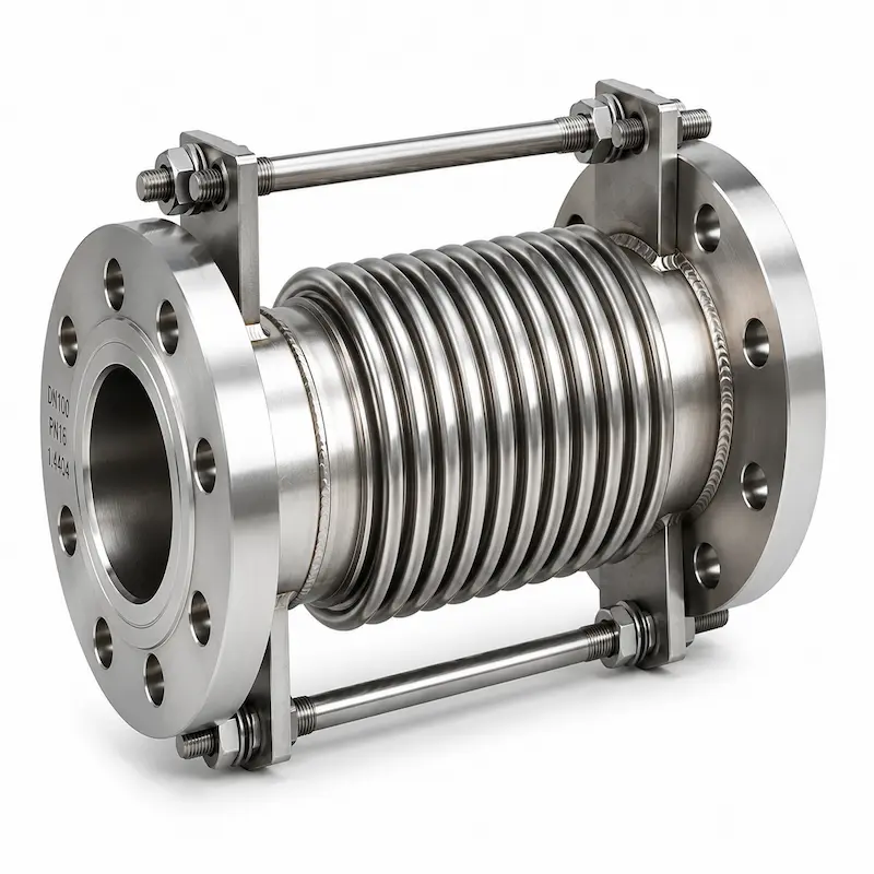 Junta metálica con bridas DIN de acero inoxidable y fuelle corrugado para absorber dilataciones térmicas, vibraciones y movimientos en tuberías industriales de agua, vapor, químicos y fluidos de proceso.