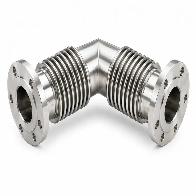 Junta de expansión metálica angular de acero inoxidable con fuelle corrugado y bridas para absorber movimientos angulares, vibraciones y dilataciones térmicas en sistemas de tuberías industriales.