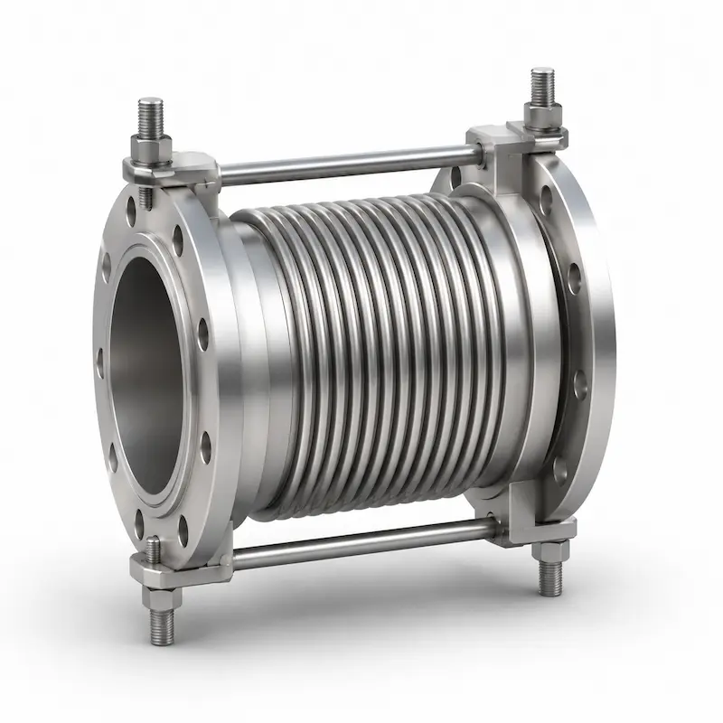 Junta de expansión metálica axial de acero inoxidable con fuelle corrugado y bridas para absorber dilataciones térmicas y movimientos axiales en sistemas de tuberías industriales.