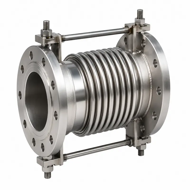 Junta de expansión metálica lateral de acero inoxidable con fuelle corrugado, bridas y tirantes de control para absorber desplazamientos laterales, vibraciones y dilataciones térmicas en sistemas de tuberías industriales.