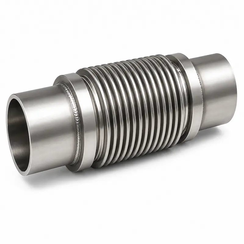 Junta de expansión metálica soldable de acero inoxidable con fuelle corrugado para absorber dilataciones térmicas, vibraciones y movimientos axiales en sistemas de tuberías industriales.