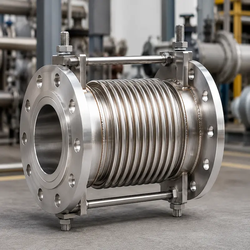 unta de expansión metálica de acero inoxidable con bridas ANSI y fuelle corrugado para absorber dilataciones térmicas, vibraciones y movimientos en tuberías industriales de alta presión, vapor, agua y fluidos de proceso.