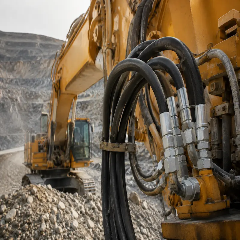Manguera hidráulica compacta de alta presión instalada en maquinaria pesada para minería, con conexiones hidráulicas reforzadas, diseñada para sistemas hidráulicos de excavadoras, cargadores y equipos industriales de alto rendimiento.