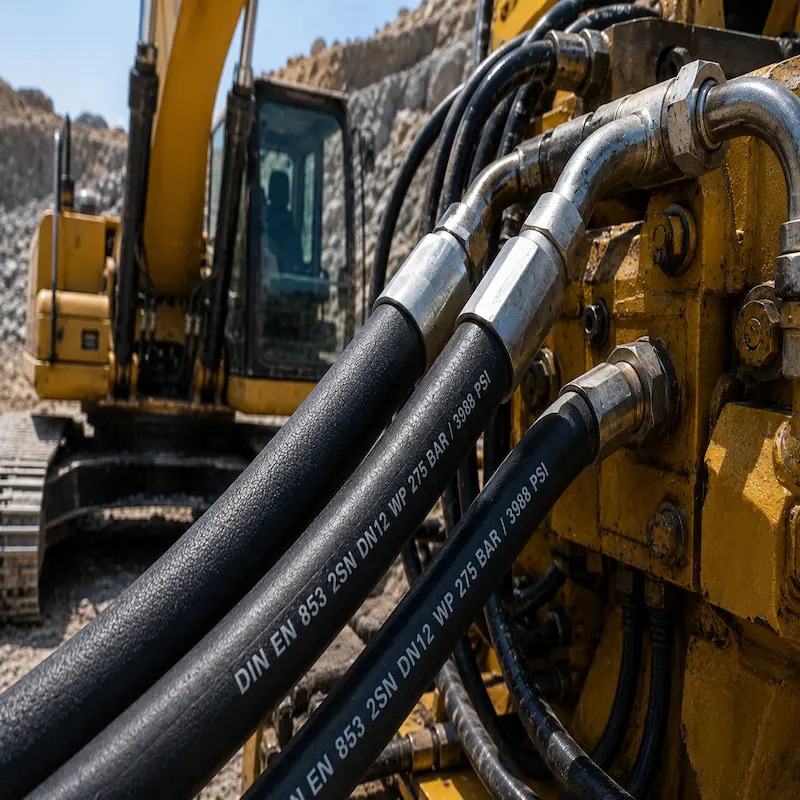 Manguera Hidráulica DIN EN 853 2SN de alta presión con doble refuerzo de malla de acero, instalada en excavadora para minería y maquinaria pesada, diseñada para sistemas hidráulicos industriales de alto rendimiento.