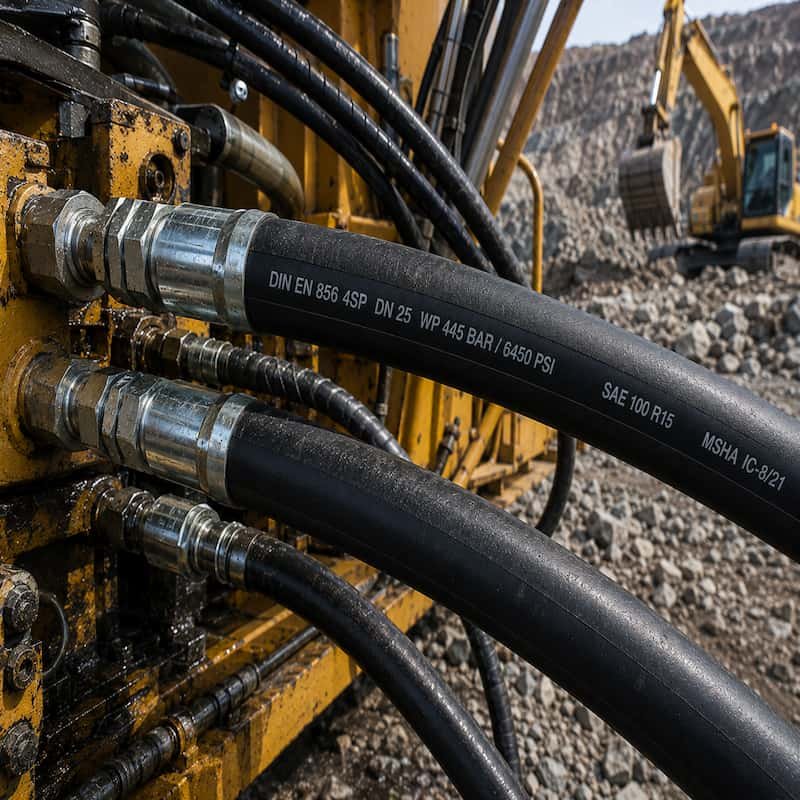 Manguera hidráulica DIN EN 856 4SP de alta presión instalada en maquinaria pesada para minería, con cuatro espirales de acero, terminales prensados y sistema hidráulico industrial de alto rendimiento.