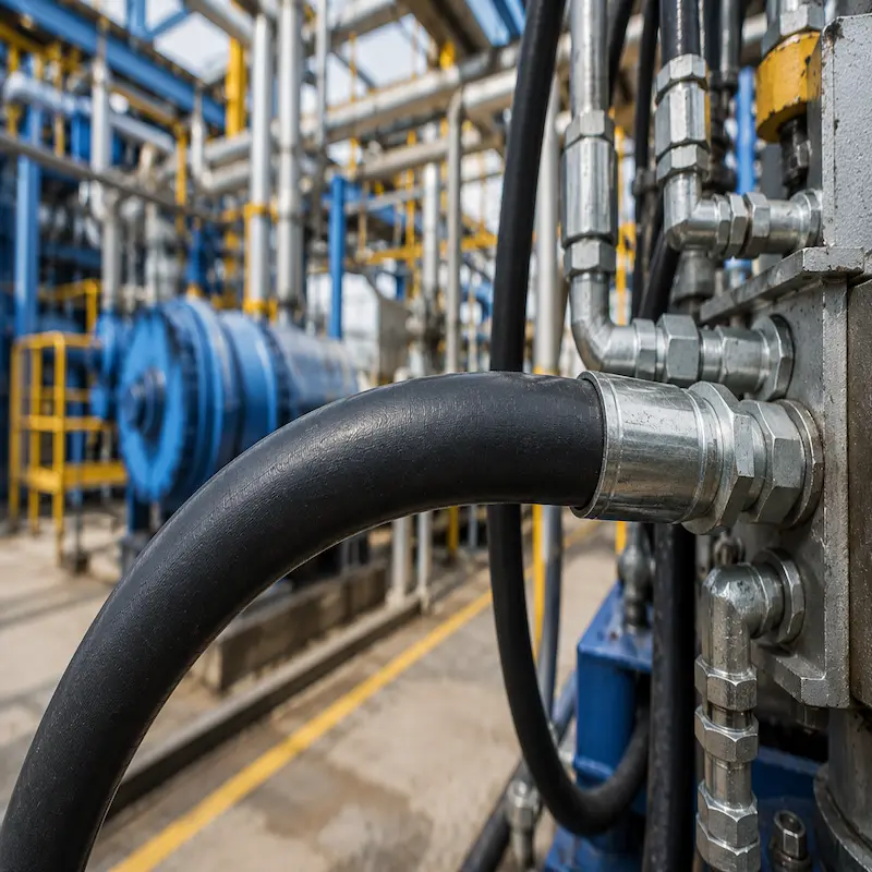 Manguera hidráulica industrial de alta presión instalada en un sistema hidráulico de planta industrial, con conexiones metálicas reforzadas para la conducción de aceite hidráulico en equipos de manufactura, minería, construcción y maquinaria pesada.