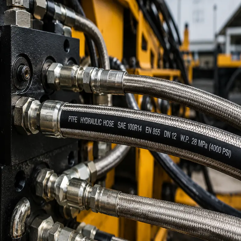 Manguera hidráulica PTFE con recubrimiento trenzado de acero inoxidable instalada en sistema hidráulico industrial de alta presión, resistente a productos químicos, altas temperaturas y aplicaciones en minería e industria.