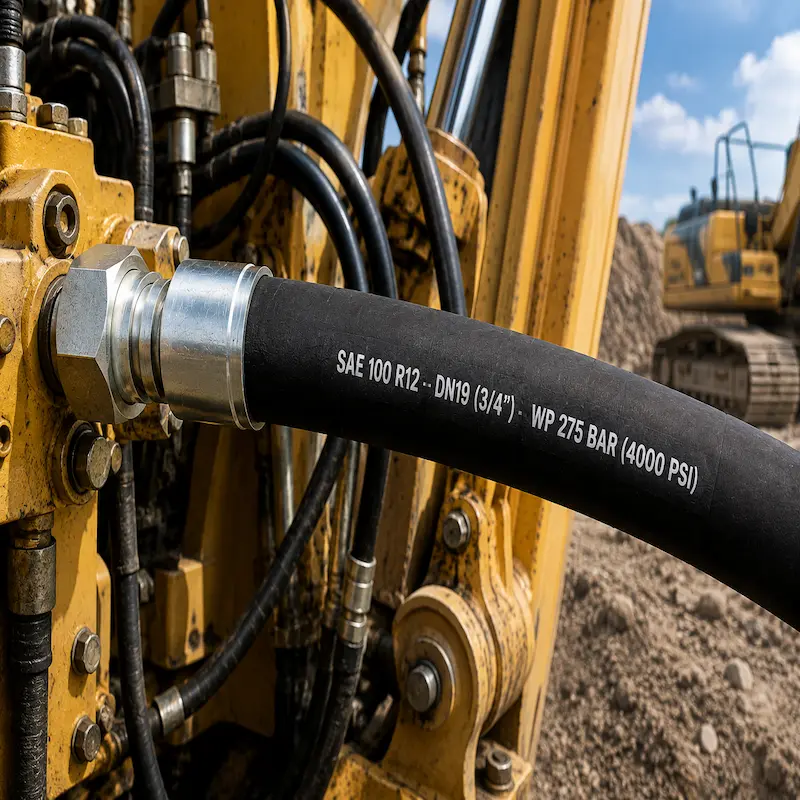 Manguera hidráulica SAE 100 R12 de alta presión instalada en maquinaria pesada para minería, construcción e industria, con refuerzo de cuatro espirales de acero de alta resistencia para sistemas hidráulicos exigentes.