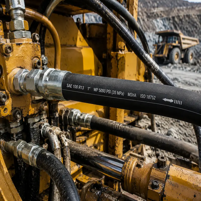 Manguera Hidráulica SAE 100 R13 de alta presión instalada en maquinaria pesada para minería con terminales prensados de acero y sistema hidráulico industrial de alto rendimiento.