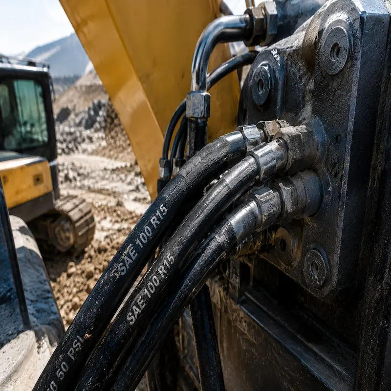 Manguera Hidráulica SAE 100 R15 de ultra alta presión instalada en excavadora para minería, con refuerzo de espiral de acero y terminales prensados, diseñada para sistemas hidráulicos de maquinaria pesada e industria.