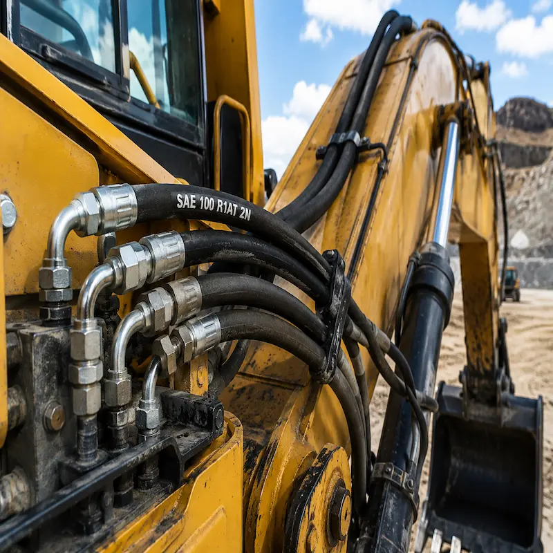 Manguera hidráulica SAE 100 R1AT con terminales prensados instalada en maquinaria pesada para sistemas hidráulicos de alta presión en minería, construcción e industria.