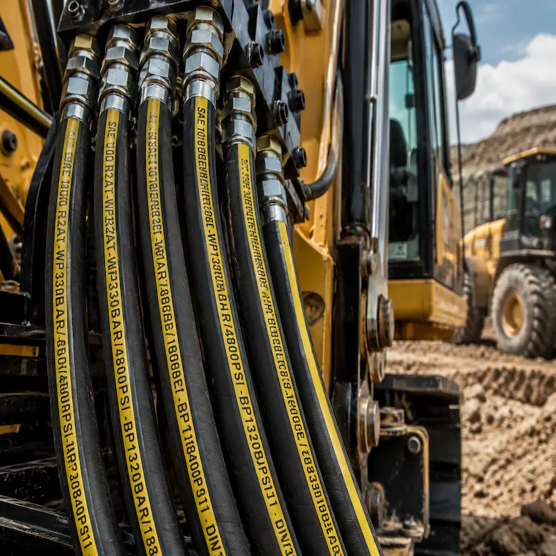 Manguera hidráulica SAE 100 R2AT de doble malla de acero instalada en excavadora para sistemas hidráulicos de alta presión en minería, construcción, maquinaria pesada e industria.