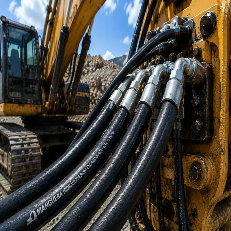 Manguera hidráulica de alta presión instalada en excavadora para minería y construcción, con terminales prensados de acero y refuerzo de múltiples capas, diseñada para sistemas hidráulicos de maquinaria pesada en condiciones de trabajo extremas.