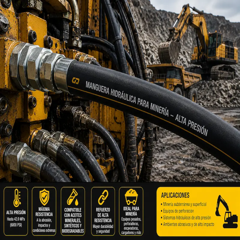 Manguera hidráulica para minería de alta presión instalada en excavadora de maquinaria pesada, con terminales prensados de acero y sistema hidráulico resistente a la abrasión para aplicaciones mineras e industriales.