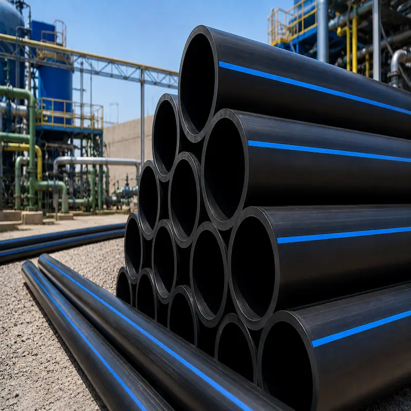 Tuberías HDPE PE100 para conducción de agua industrial en plantas de proceso, minería, centrales de producción, tratamiento de agua, industria química y sistemas hidráulicos de alta presión con certificación ISO 4427.